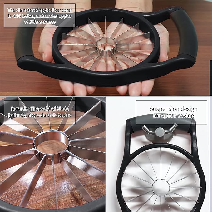 Newness 5.12 Inch Extra Large Apple Slicer, 16 Slices, Durable Stainless Steel Apple Corer, Black, Silicone Handle