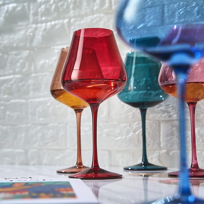 Khen Flower Blooms Colored Crystal Wine Glass Set of 5, Large 20 OZ Glasses, Color Blooms Unique Italian Style Tall Stemmed Drinkware for Red & White Wine, Water Dinner Gift, Beautiful Gifts Glassware