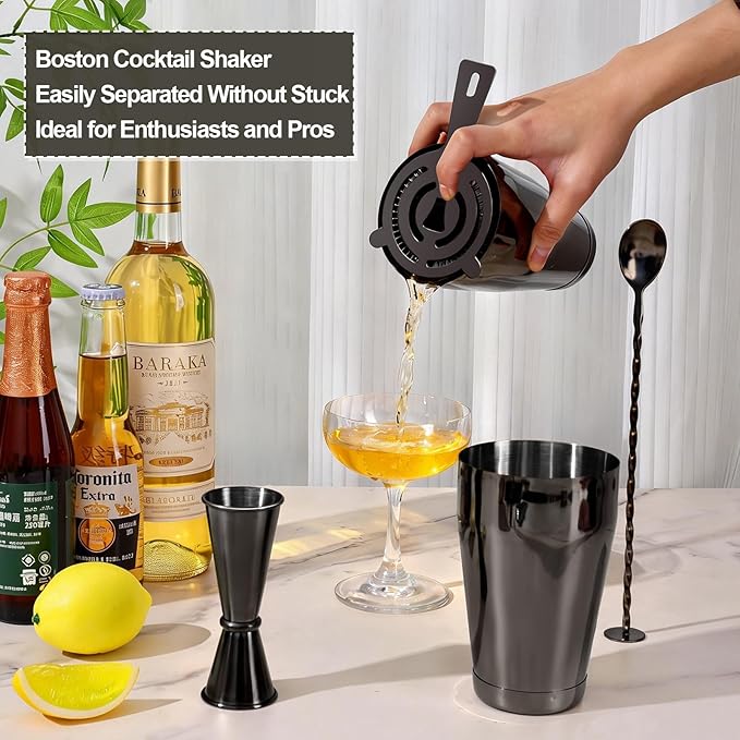 Mwellewm Cocktail Shaker Boston Shaker Set 15 Pcs Professional Bartender Kit Bar Shaker Stainless Steel Drink Shaker Bartending Beginner Martini Shaker Tin Mixed Alcohol Shaker Tool(Black)