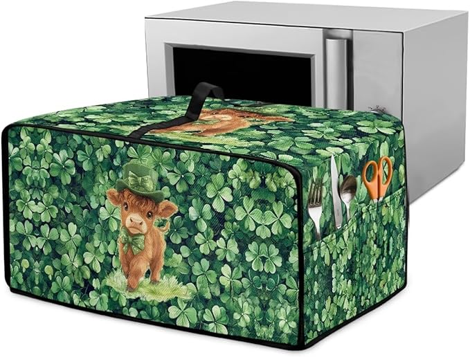 Highland Cow Four Leaf Clover Print Toaster Oven Cover Microwave Cover for Kitchen Countertop Appliance Dust Protector Decorative Oven Accessories for St. Patrick's Day Decor, Green, S