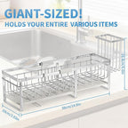 Extra Large Extendable Sponge Holder for Kitchen Sink, Rustproof Sink Caddy Organizer with High Brush Holder, Dish Soap Dispenser Organizers and Storage (Stainless Steel)