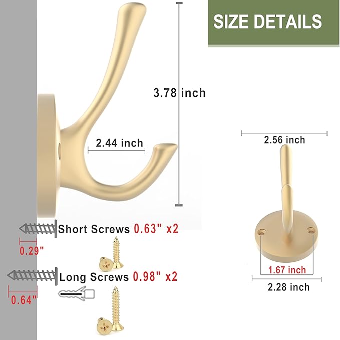 Gold Wall Hooks, 5 Pack Coat Robe Hook Heavy Duty Metal Double Bath Hook Wall Mounted, Hand Towel Hooks for Cubicle Bathroom Kitchen Closet Garage
