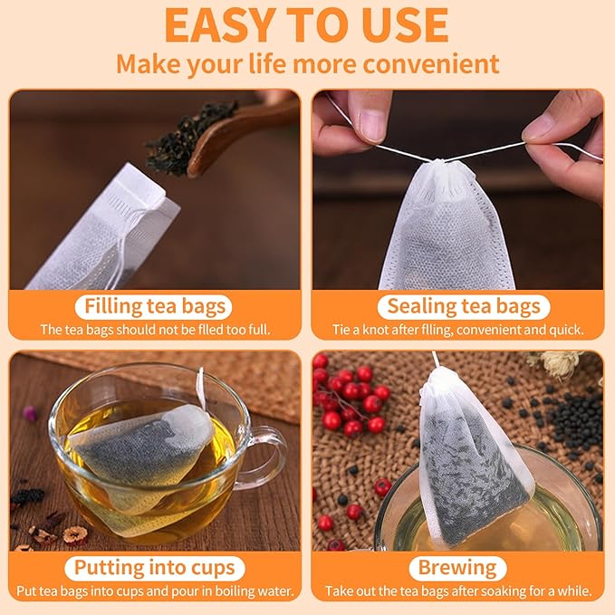 TamBee 100 Pack Disposable Tea Filter Bags Empty Muslin Drawstring Seal Filter Tea Bags Drawstring Herb Loose Tea bag (1.97"X2.76" / 5cm X 7cm)