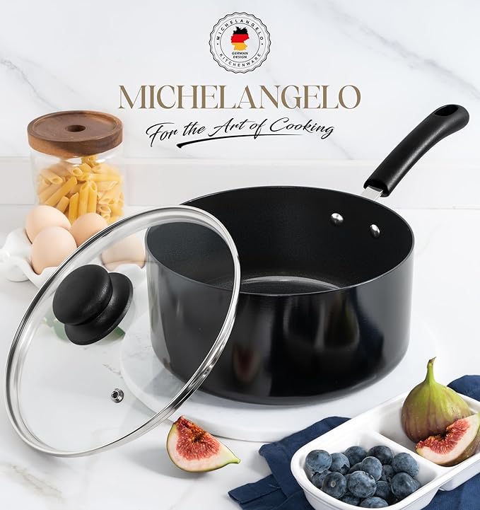 MICHELANGELO Nonstick Saucepan with Lid, Ceramic Sauce Pan Sets, Easy to Clean Sauce Pans, Multi-Purpose Cooking Pots, 3QT, Black