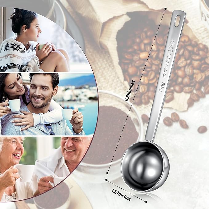 Geiserailie 4 Pcs 2 Tablespoon Scoops with Long Handle, 30 ml Stainless Steel Measuring Spoon for Coffee Milk Fruit Powder, Loose Tea Dry, Spice Jar, Cooking Baking, and Other Dry Goods