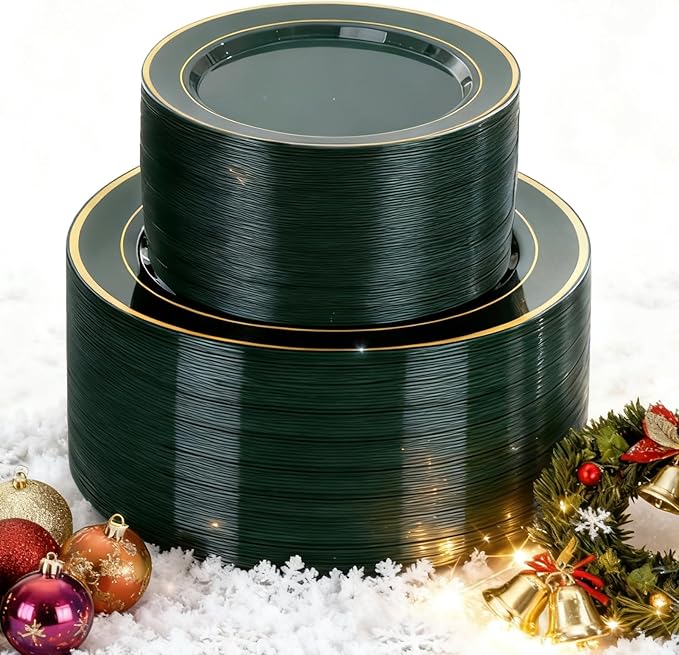NOCCUR 200PCS Green Plastic Plates for 100 Guests - Include 100PCS 10" Dinner/ 100PCS 7" Dessert Disposable Plates Heavy Duty - Ideal for Party/Wedding/Christmas