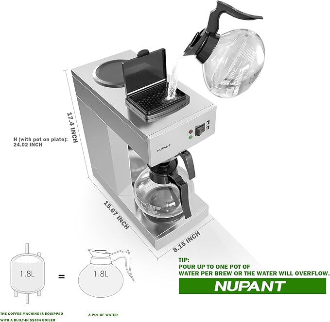 NUPANT 12-Cup Coffee Maker 1.8L Commercial Drip Coffee Maker Pour Over Coffee Machines with 2 Glass Carafes and 2 Warmers Plate Stainless Steel Coffee Brewer for Cofe Bar and Restaurant