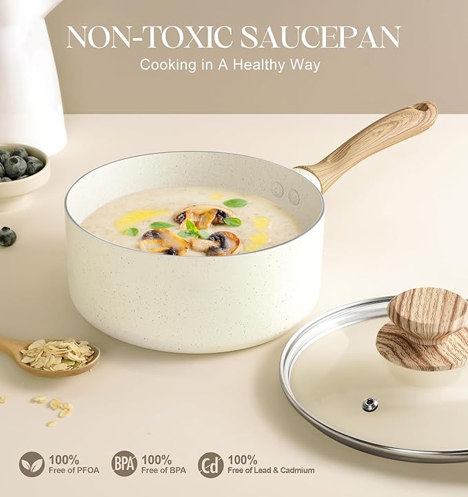 MICHELANGELO 3 Quart Saucepan with Lid, Nonstick Sauce Pan, Small Sauce Pot with Granite Coatings, Bakelite Handle, Dishwasher-Safe, White
