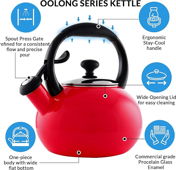 Chantal 1.8 QT Kettle, Buttons Series, Premium Enamel on Carbon Steel, Whistling, Even Heating & Quick Boil (Red)