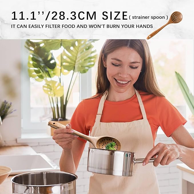 Wooden Spoons for Cooking, Nonstick Cooking Utensil Set with 7 Piece Acacia Wooden Spatulas and Spoons for Cooking, Terrific for Everyday Kitchen Tasks