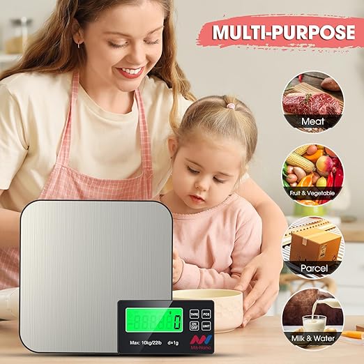 Mik-Nana Food Scale, 22lb Digital Kitchen Scale with 7 Units LCD Display & Tare Function, Stainless Steel Weight Grams and Ounces for Baking, Cooking and Meal Prep (Batteries Included)