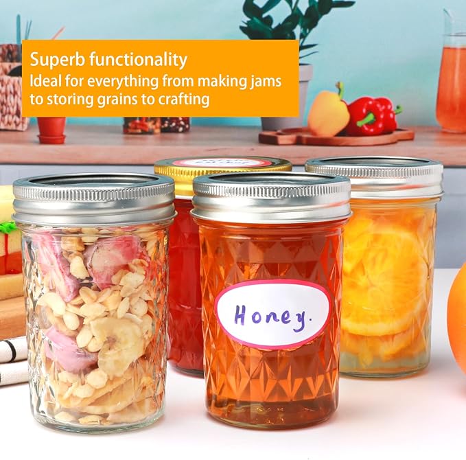 8oz Mason Jars,Canning Jars,Jam Jars for Jelly,Honey,Wedding Favors, Food Storage for Kitchen & DIY Gifts,with Lables,Pen and Sponge Brush,Set of 8