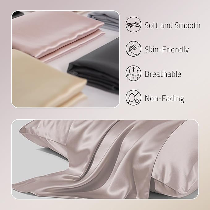 Mulberry Silk Pillow Cases Set of 2, Both Sides Real Silk Pillow Cover for Hair and Skin Prevent Acne Pillowcase Organic Silk Pillowcase 2 Pack with Hidden Zipper, Apricot Grey, Queen (20"×30")