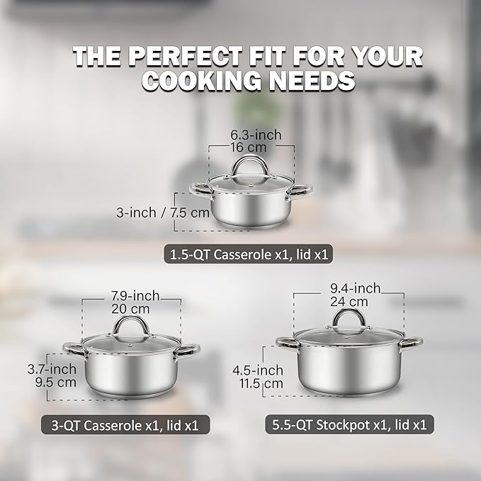 Cook N Home 6-Piece Stainless Steel Pots Set, 1.5 & 3 Qt Sauce Pots with Lids, 5.5 Qt Dutch Oven Stockpot, Induction Compatible, Dishwasher & Oven Safe, Riveted Handles