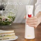 FLAIROSOL OLIVIA SIGNATURE Advanced Kitchen Oil Sprayer Technology, Fine Mist & Portion Control, Refillable Glass Olive Oil Cooking Spray Bottle for Air Fryer, Salad, BBQ, 200ml (White, Gold)