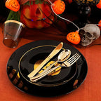 KIRE 25 Guest Halloween Plates Black Gold Plastic Plates Smiley Pumpkin include 50PCS Black &150PCS Gold Plastic Silverware&25PCS Clear Black Cups for Halloween Party