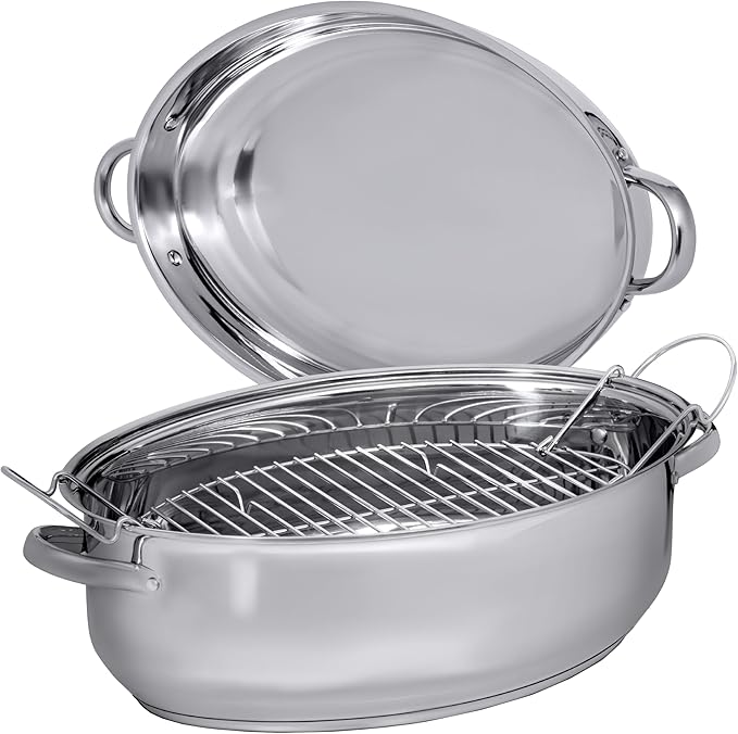 Precise Heat Roasting Pan with Rack and Lid, T304 Stainless Steel Multi-Use Oval Dutch Oven, 18 Inch, 14 Quart