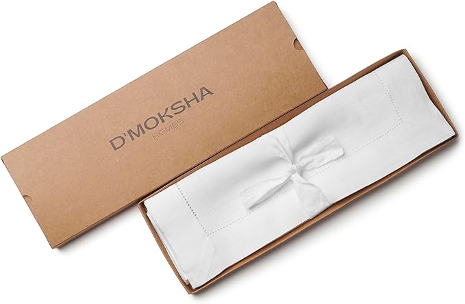 D'Moksha Homes White Linen Placemats Set of 4 - Classic Hemstitch Placemats 14 x 19 Inch - 100% Pure Linen Table Mats for Valentines, Holiday, New Year - Handcrafted and Machine Washable