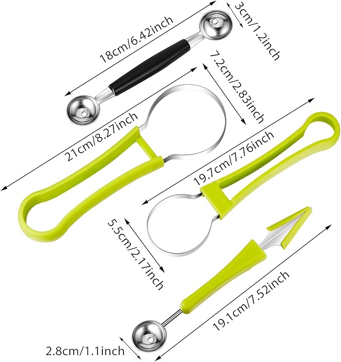 Patelai 2 Pieces Melon Baller Scoop Set, 4 in 1 Fruit Cutters Stainless Steel Watermelon Scooper and Ice Cream Baller for Dig Pulp Separator Fruit Slicer