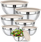 Mixing Bowls with Lids Set - 7PCS Nesting Mixing Bowls, Lids, Stainless Steel Mixing Bowls for Mixing, Baking & Meal Prep, Dishwasher Safe, Size 0.7/1.1/1.5/2.1/3.5/4/4.5 QT, Khaki