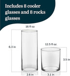 Libbey Miles Tumbler and Rocks Bar Drinkware Glasses Set, Clear All-Purpose 16 Piece Glassware Set, Sleek Glass Drinking Cups for Everyday Use