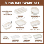 Vinino 8-Piece Baking Pans Set Nonstick, Bakeware Set includes Silicone Muffin, Loaf, Cake Pans with Metal Reinforced Frame, and Carbon Steel Roasting Pan, Cookie Sheet, Cooling rack for Oven-Cream