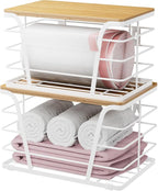 Extra Large 2 Pack Potato and Onion Storage Bins, Potato and Onion Storage Baskets with Bamboo Top, Trash Bag Dispenser, Storage Stackable for Kitchen Laundry Organizers, White