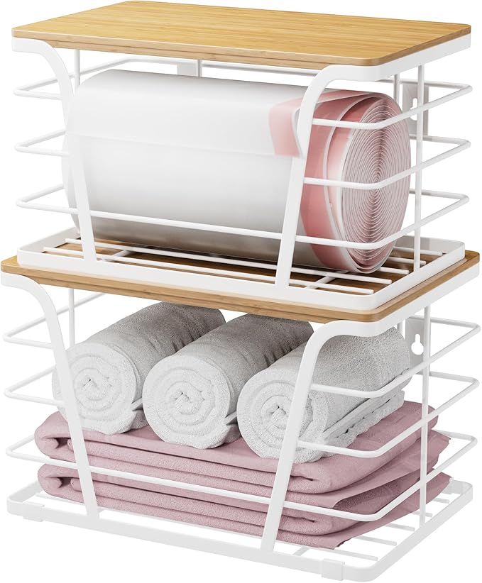 Extra Large 2 Pack Potato and Onion Storage Bins, Potato and Onion Storage Baskets with Bamboo Top, Trash Bag Dispenser, Storage Stackable for Kitchen Laundry Organizers, White