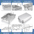 16" Roasting Pan with Rack, 7 PCS P&P CHEF Stainless Steel Turkey Roaster Lasagna Pan with Cooling Flat & V-shaped Baking Rack, Grilling Chicken Holder, Meat Shredding Claws, Dishwasher & Oven Safe