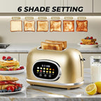 Roter Mond 2 Slice Toaster Smart Touch Screen, Retro Stainless Steel Bread Toaster with Digital Timer, Sleep Mode, Bagel, Cancel, and Defrost Functions, 6 Bread Types and Shade Settings, Gold