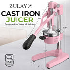 Zulay Kitchen Cast-Iron Orange Juice Squeezer - Heavy-Duty, Easy-to-Clean, Professional Citrus Juicer - Durable Stainless Steel Lemon Squeezer - Sturdy Manual Citrus Press & Orange Squeezer (Pink)