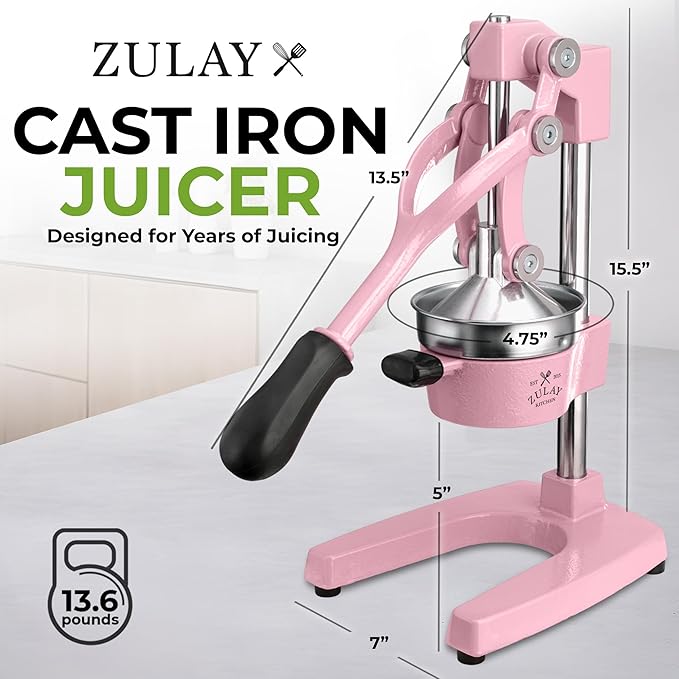 Zulay Kitchen Cast-Iron Orange Juice Squeezer - Heavy-Duty, Easy-to-Clean, Professional Citrus Juicer - Durable Stainless Steel Lemon Squeezer - Sturdy Manual Citrus Press & Orange Squeezer (Pink)