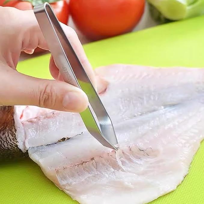 2 PCS Fish Bone Tweezers Kitchen Flat Tweezers Fish Bone Pliers Suitable for Salmon and Sea Bass Deboning and Kitchen Meat Hair Cleaning Tool Silver, 4.3", LXLVOUEG
