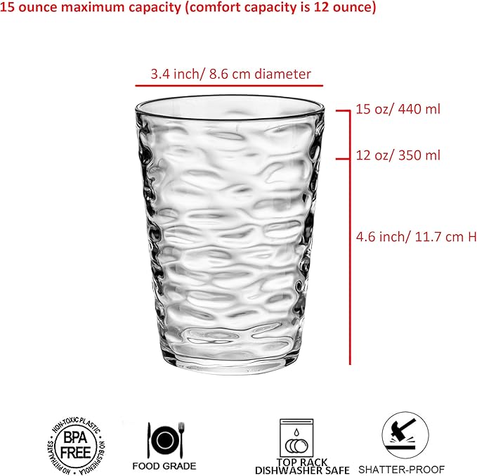 14-ounce Plastic Tumblers, Acrylic Drinking Glasses, set of 6 Clear Reusable Plastic Cups, Stackable, BPA-Free, Shatter-Proof, Dishwasher-Safe