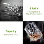 Qipecedm Drinking Glasses, 8 Piece Crystal Glass Cups, Mixed Glassware Set, 4 pcs Crystal Old Fashioned 11oz Highballs and 4 pcs 11oz Whiskey Glasses, Great for Cocktail, Whisky and other Beverages