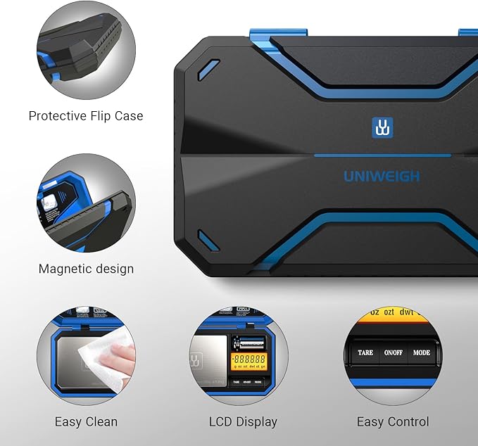 UNIWEIGH Digital Pocket Scale 200g/0.01g, Digital Gram Scale, Mini Jewelry Scales Digital Weight Grams with 50g Cal Weights for Food,Jewelry,Coins,Small Items,Coffee (Battery Included)-Blue