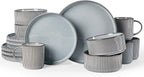 Famiware Star 16-Piece Stoneware Dinnerware Set, Service for 4, Reactive Glaze Mugs, Plates and Bowls, Dishes with Trim, Modern Rustic, Chip/Scratch Resistant, Microwave/Dishwasher Safe, Smoky Blue
