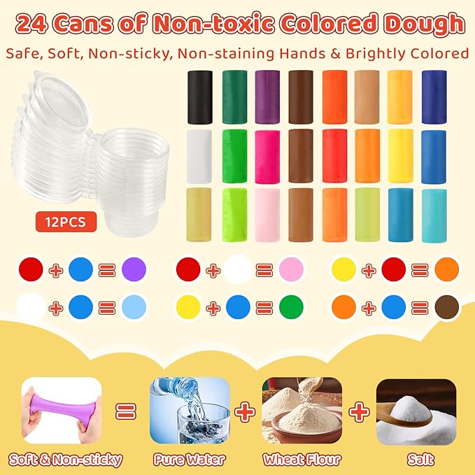 3-in-1 Color Dough Kitchen Creations Set for Kids Aged 3-8, 24 Colors Dough Playset with Ice Cream/Noodle/Hamburger Makers, Food Modeling Art Crafts Pretend Play Toys for Boys Girls