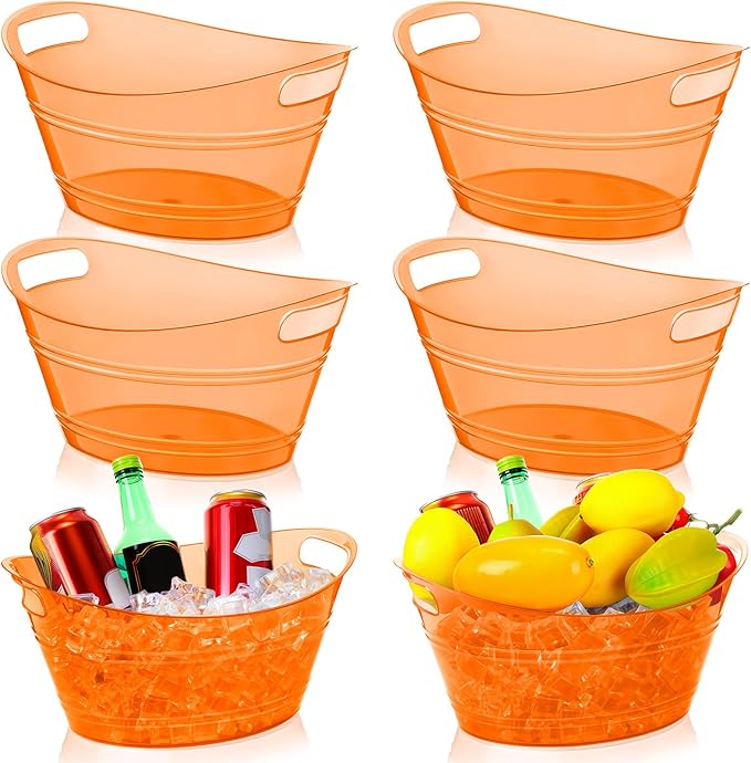 meekoo 6 Pcs Plastic Ice Buckets Bulk with Handles 4.5L Oval Storage Tub Large Capacity Ice Drink Bucket for Party Bar Wine Beer Champagne Beverage Bottle Cooler (4.5 L,Orange)
