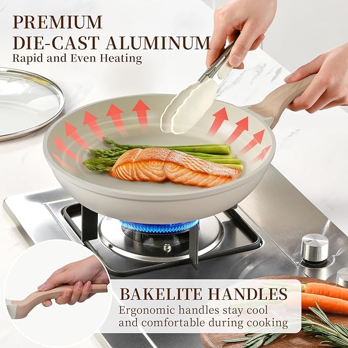 Kikcoin 16Pcs Ceramic Pots and Pans Set Non Stick, Includes a 9.5" Grill Pan, Induction Kitchen Cookware Sets, White Nonstick RV Kitchen Camping Cooking Sets Stackable (PTFE, PFOS, PFOA Free)