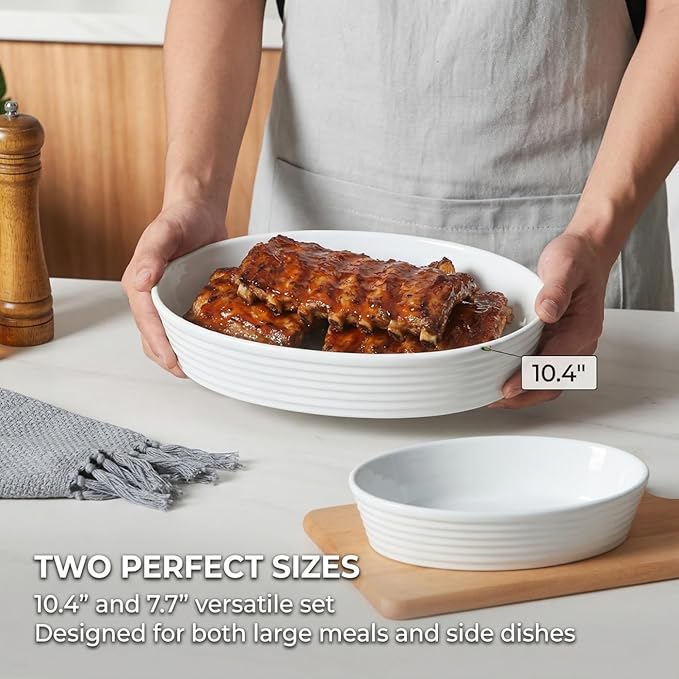 ONEMORE 2 Piece Ceramic Oval Baking Dish Set, 10.5/7.7 Inch Baking Dish Set, Porcelain Oval Au Gratin Pans for Pumpkin Pie, Apple Crisp, Pot Pies & Tarts, Microwave & Dishwasher Safe