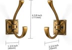 Large Wall Hooks 2 Pack Antique Brass Coat Hardware for Hanging 4.35 Inch Double Robe Wall Mounted With Screws for Key, Towel, Bags, Cup, Hat