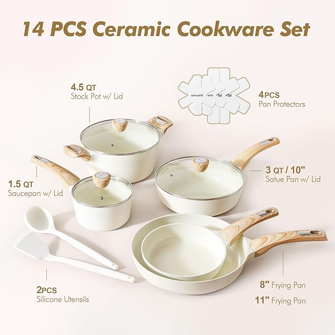 SENSARTE Ceramic Cookware Sets, Pots and Pans Set Non stick, Granite Induction Cookware, Non toxic Healthy Non Stick Kitchen Cooking Set, with Frying Pans Set, PFAS PTFE PFOA PFOS Free,14 Pcs