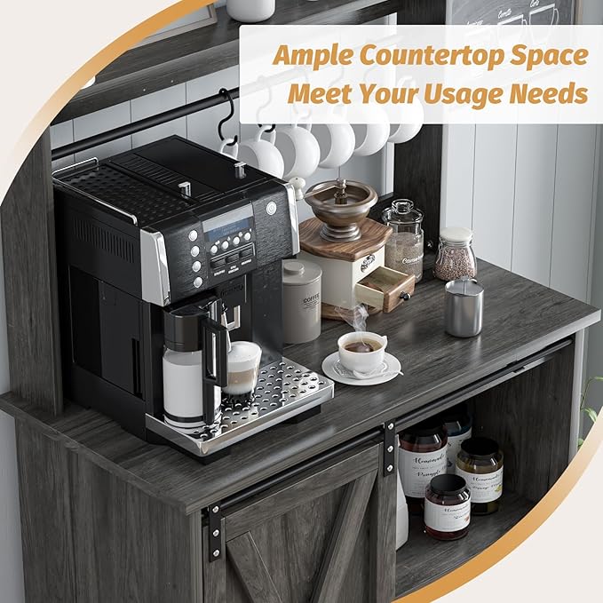 4ever2buy Farmhouse Coffee Bar with Hutch, 31 Inch Buffet Cabinet with Sliding Barn Door, Storage Bar Cabinet with 6 Hooks, Coffee Bar Table with Adjustable Shelves for Living Dining Room, Grey