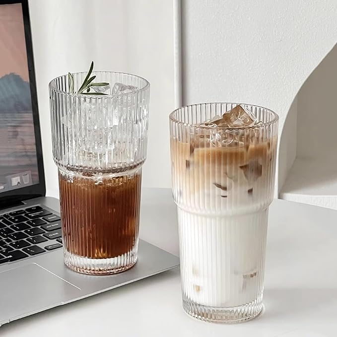 Drinking Glasses，19oz Ribbed Glassware,6 Pack Old Fashioned Glasses,Thickened glass for iced coffees, smoothies, cocktails and juices, perfect for families and parties (6)