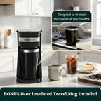 Elite Gourmet EHC113 Personal Single-Serve Compact Coffee Maker Brewer Includes 14Oz. Stainless Steel Interior Thermal Travel Mug, Compatible with Coffee Grounds, Reusable Filter, Black