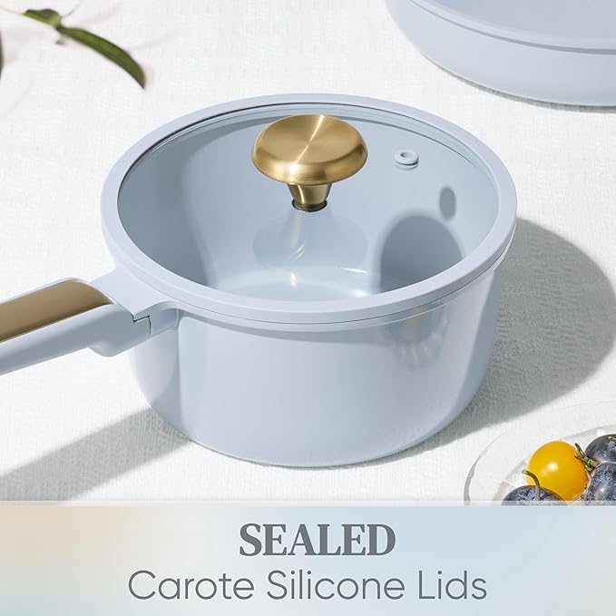 CAROTE Ceramic Cookware Set Nonstick, 14pcs Pots and Pans Set Nonstick, Non-Toxic & PFAS-Free, Dishwasher, RV/Camping Cookware Set, Cooking Pots with Lids, Pastel Blue