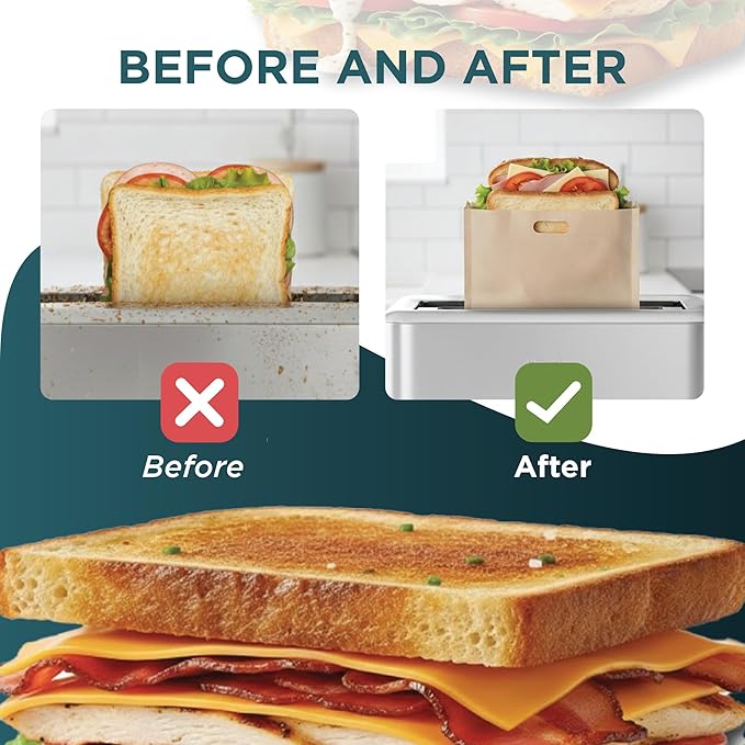 Reusable Toaster Bags for Sandwiches – Non-Stick Toaster Oven Bags for Grilled Cheese, Paninis, Wraps & Breakfast – Keeps Toasters Clean, Crumb-Free, Mess-Free Cooking - 8 Pack