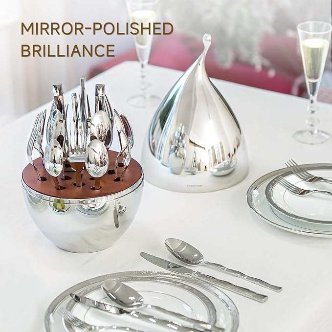 KINGSTONE Silverware Set with Waterdrop Storage Organizer, Luxury 20 Piece Flatware Set for 4, 18/10 Stainless Steel Cutlery Set with Diamond Cut Pattern Ideal for Kitchen,Party and Gift
