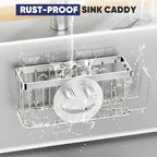Sponge Holder for Kitchen Sink,Sink Caddy Smiley Face,4-in-1 Sponge Holder with Suction Cups & 1 PCS Adhesive Strips for Holding Soap,Brush,Scrubber,Sponge,Stopper-Silver